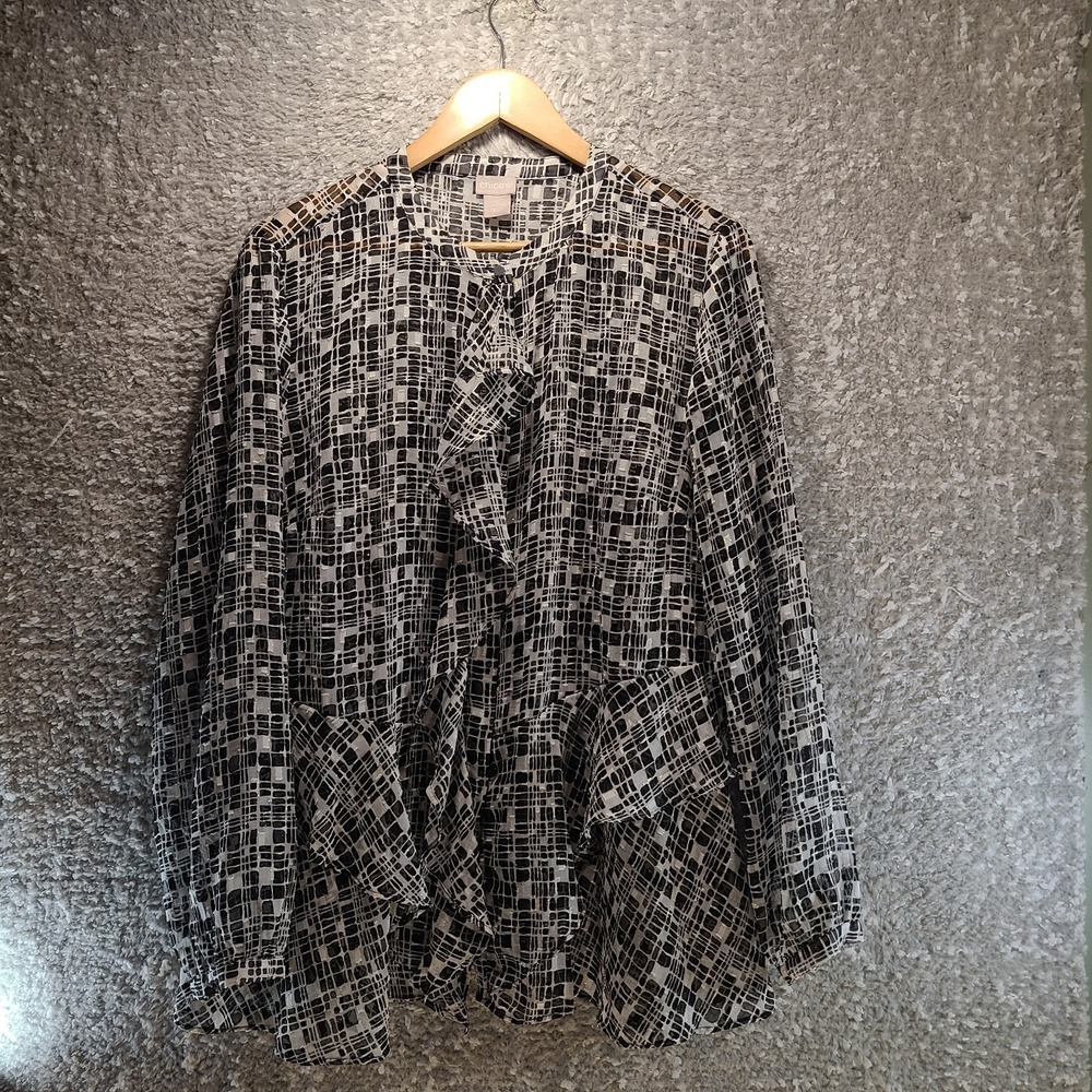 Chico's Sheer Ruffle Top Women's 2, 12, 14 Black White Gold‎ Polyester Preppy